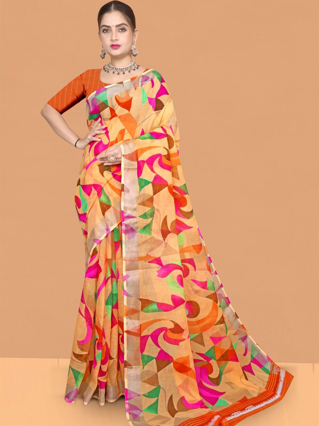 

Abhilasha Abstract Printed Pure Cotton Maheshwari Saree, Orange