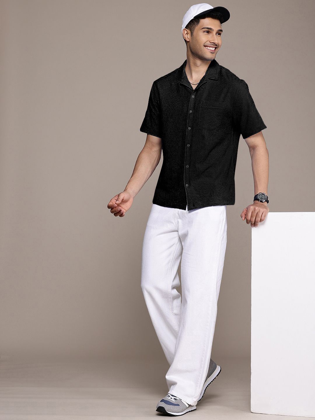 

SZN Men Standard Fit Cuban Collar Textured Casual Shirt, Black