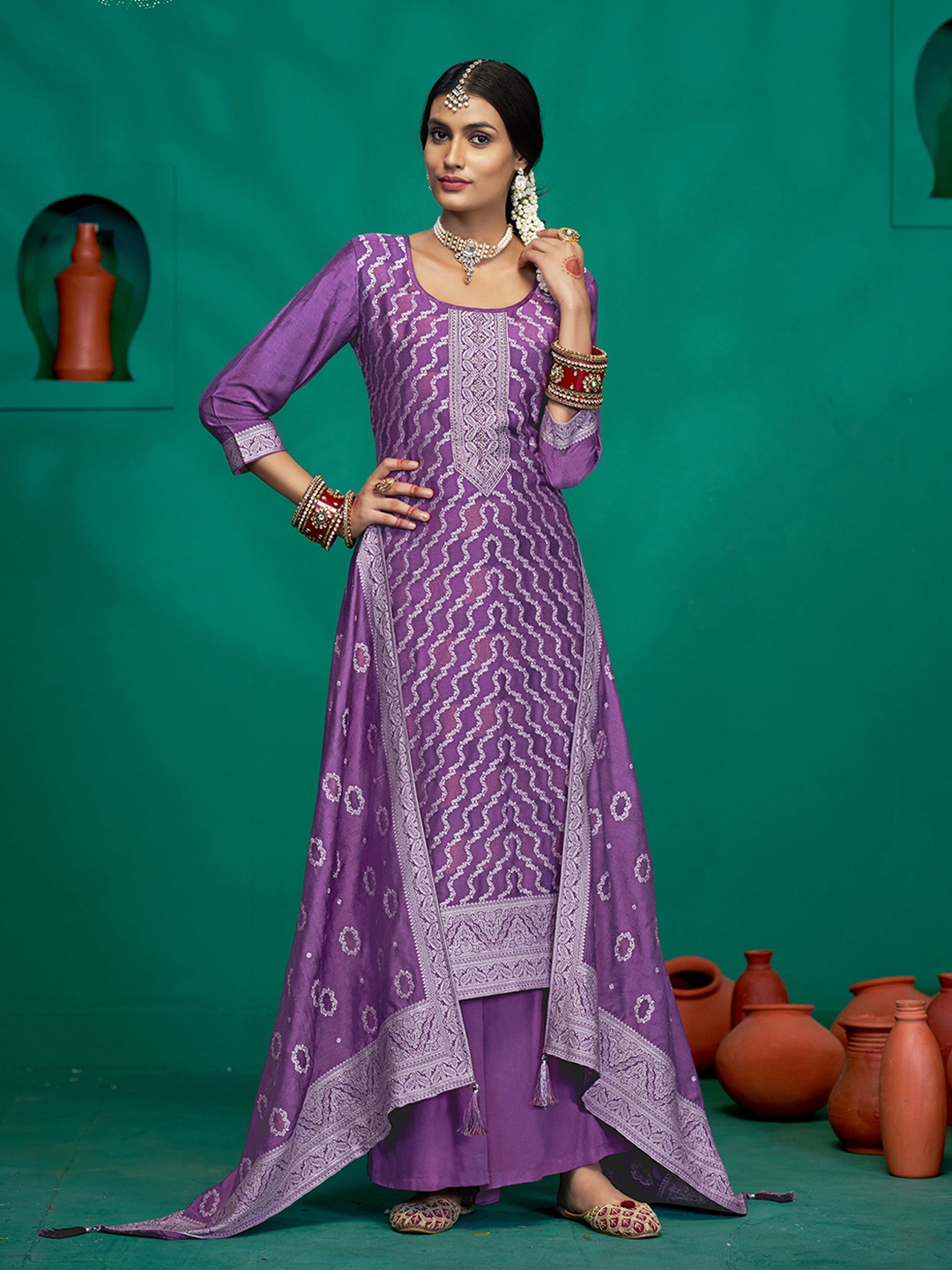 

Anouk Lavender Zari Ethnic Motifs Woven Design Jacquard Unstitched Dress Material