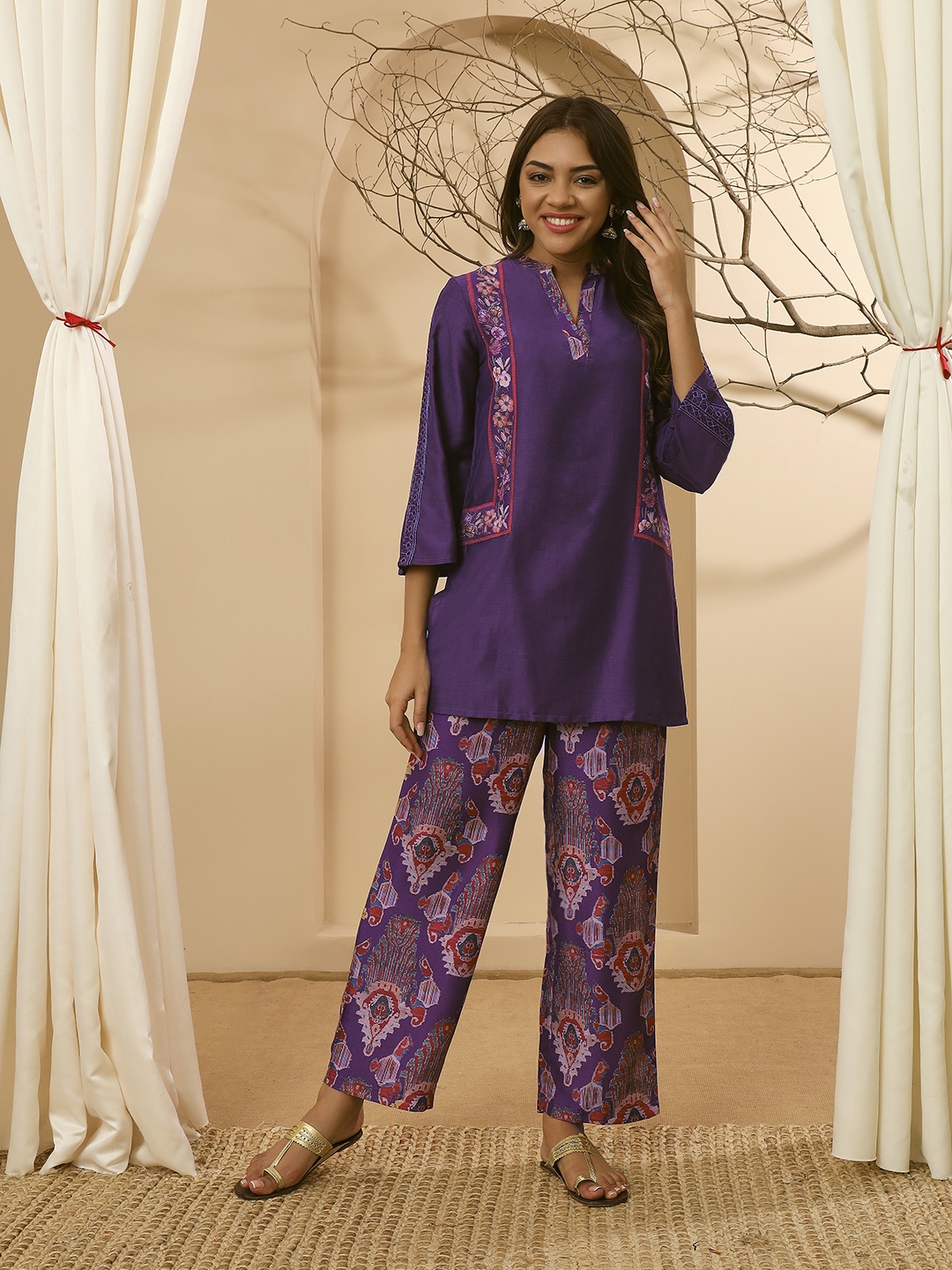 

Stylefables Floral Printed Mandarin Collar Tunic With Trouser, Purple
