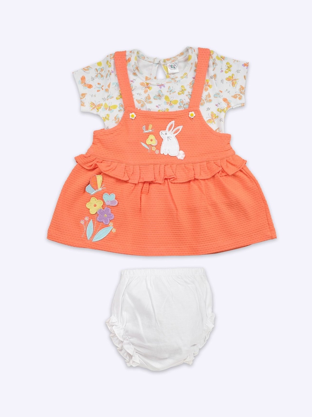 

Babys Day Infant Girls Printed Cotton Dungaree With T-Shirt & Brief, Orange