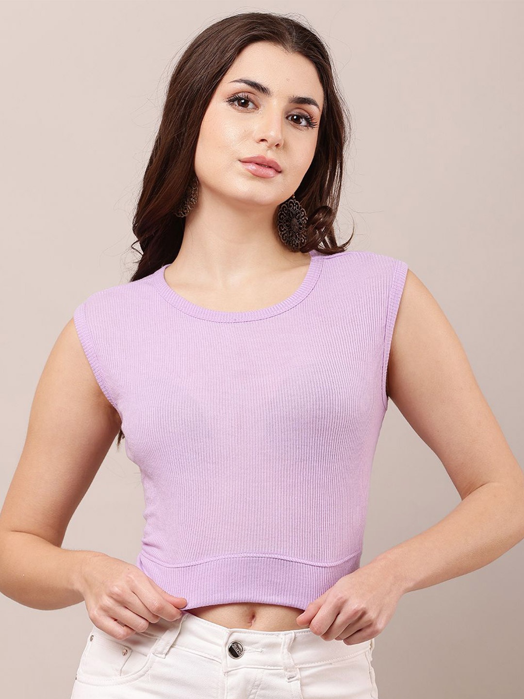 

Raabta Fashion Women Knitted and Woven Round Neck Solid Crop Top, Purple