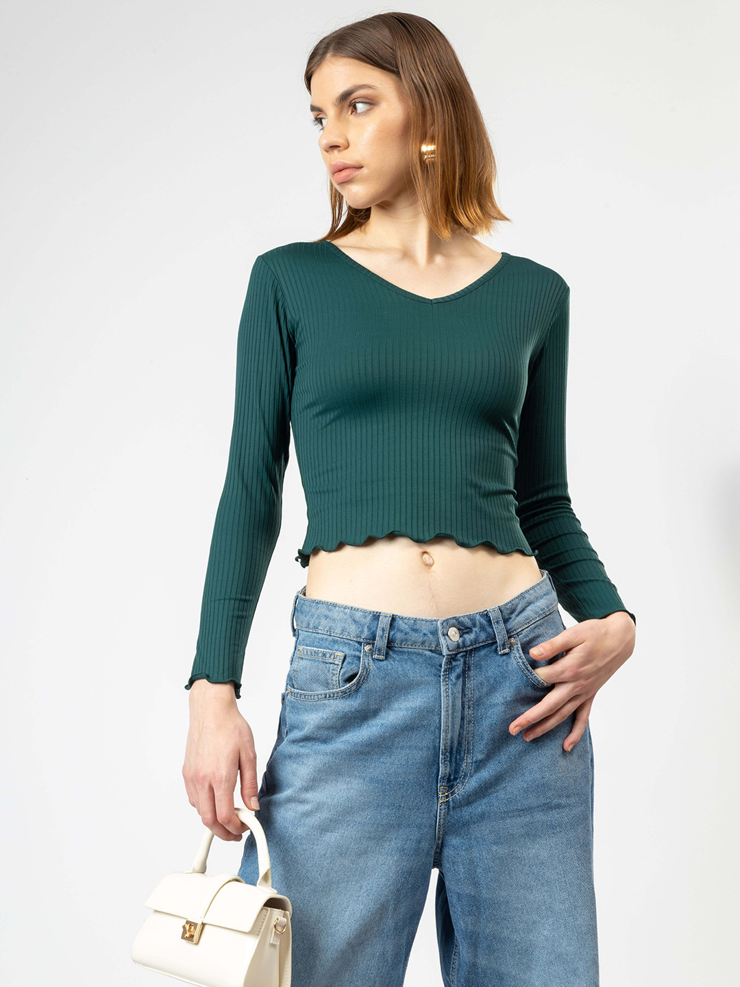 

PYR8 Ribbed V-Neck Regular Sleeves Top, Sea green