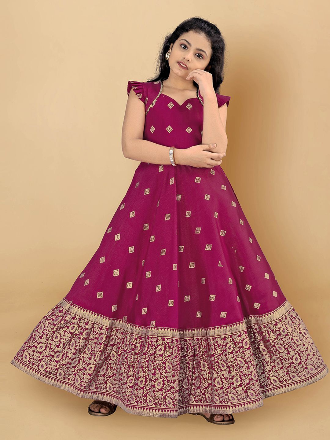 

Sangria Girls Printed Georgette Anarkali Maxi Dress, Pink