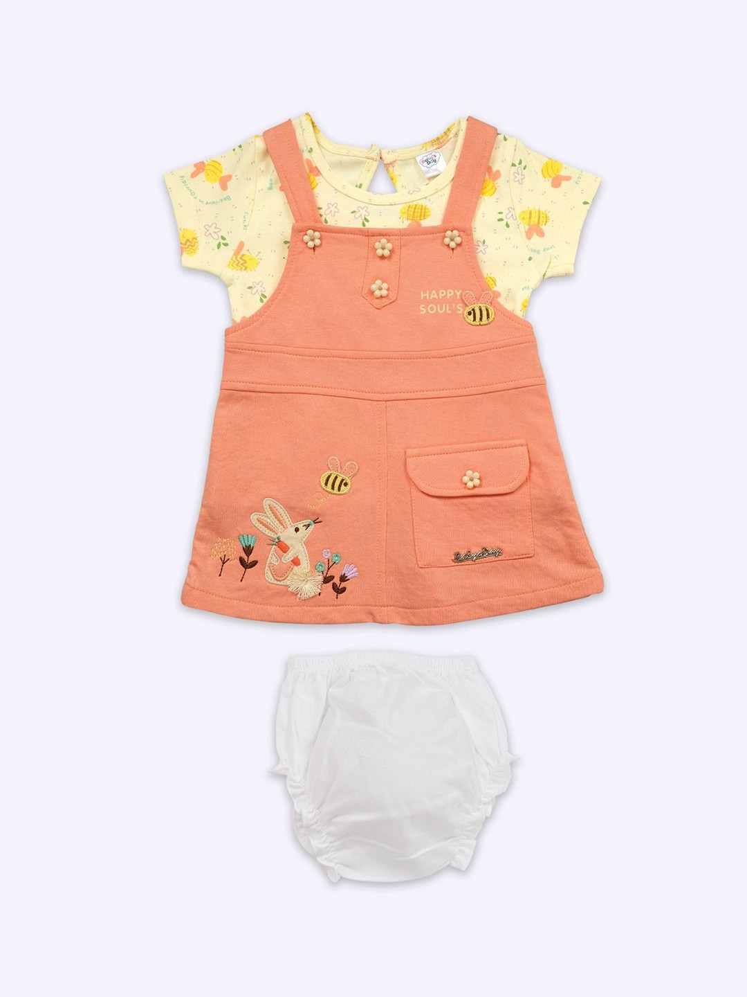 

Babys Day Infant Girls Printed Pure Cotton Dungaree With Top & Brief, Orange