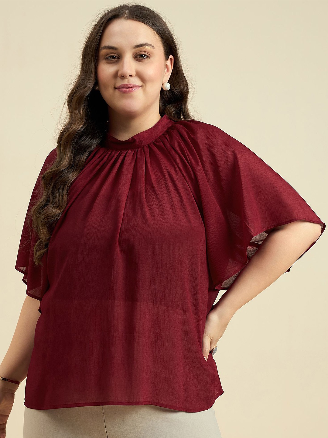 

DressBerry Curve Flutter Sleeve Top, Maroon