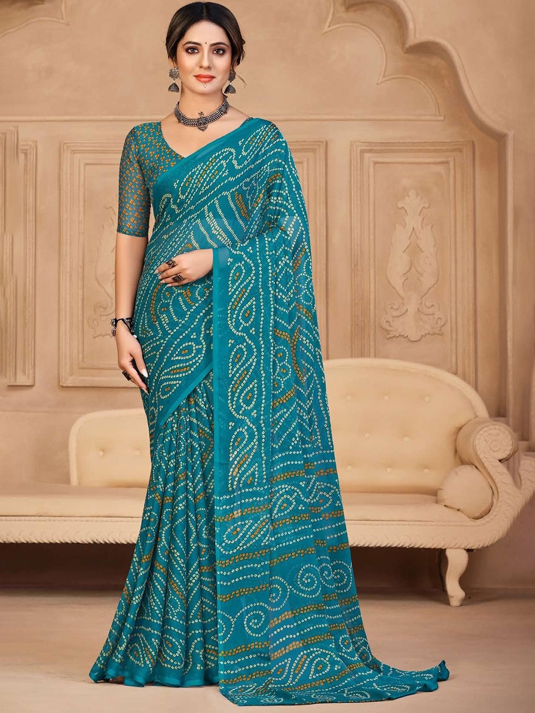 

DURGA EMPORIO Bandhani Printed Pure Chiffon Bandhani Saree, Teal