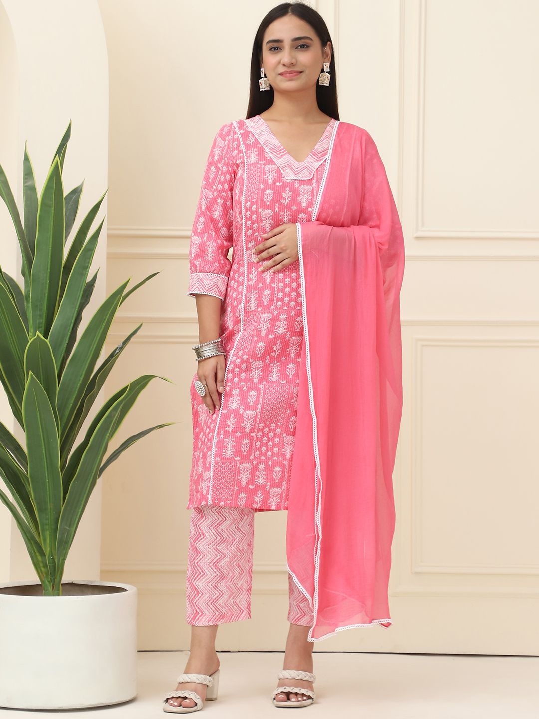 

BAESD Floral Printed Thread Work V-Neck Pure Cotton Straight Kurta With Trouser & Dupatta, Pink