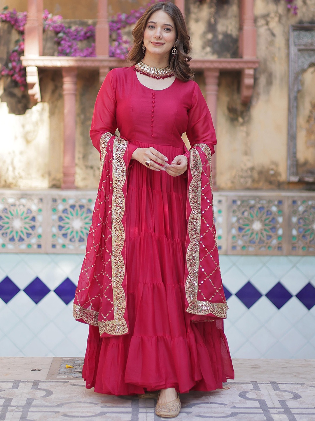 

JATRIQQ Georgette Ethnic Frill Ethnic Dresses with Sequined Dupatta, Pink