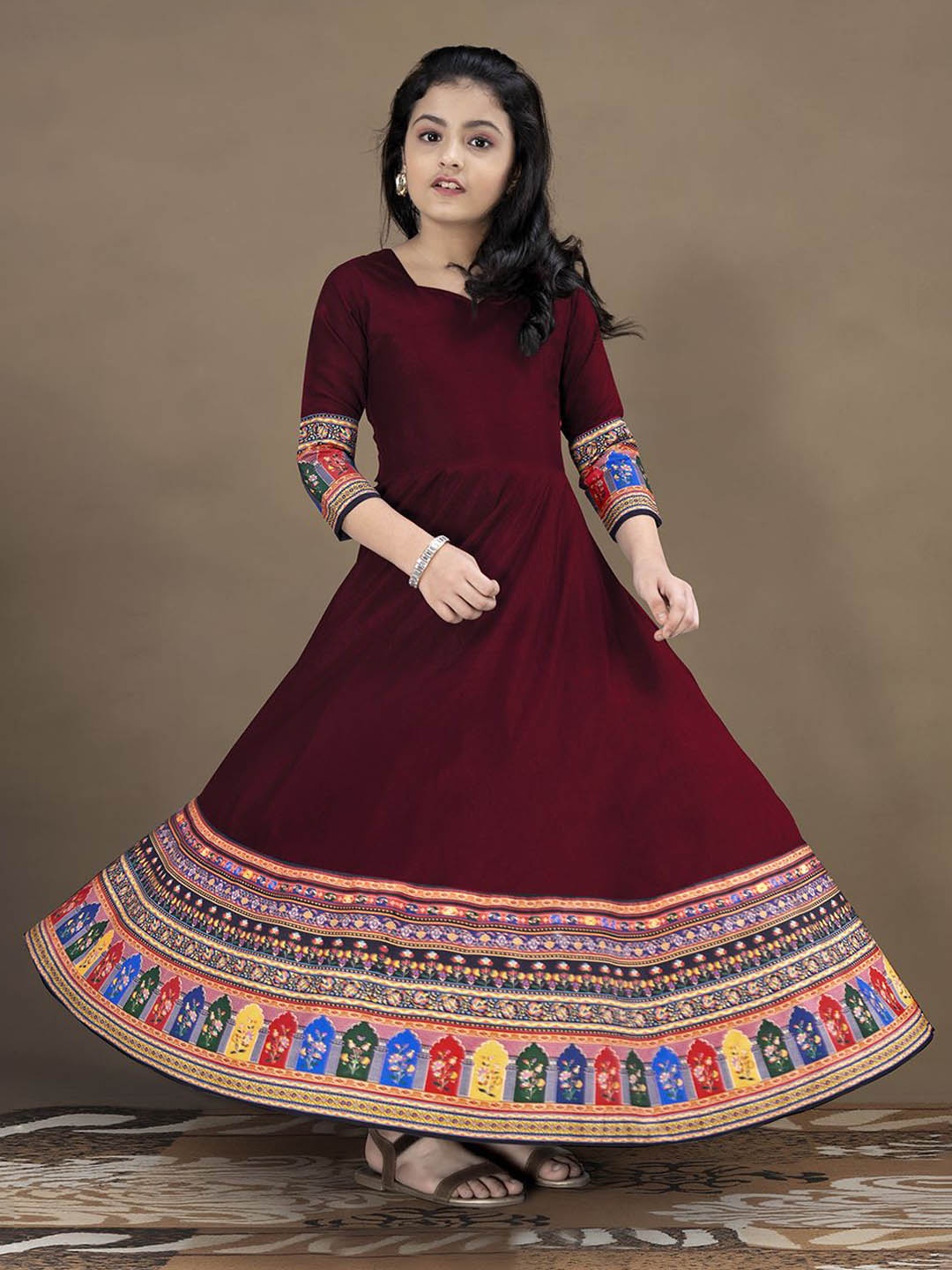

Sangria Girls Embroidered Anarkali Maxi Dress, Maroon