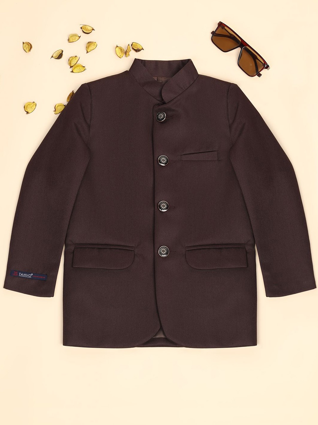 

TAHVO Boys Mandarin Collar Bandhgala Blazer, Brown