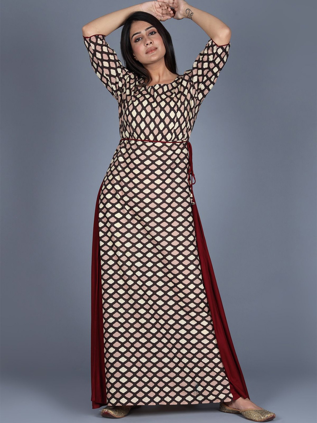 

Anootha Cotton Geometric Printed Fit & Flare Maxi Dress, Maroon