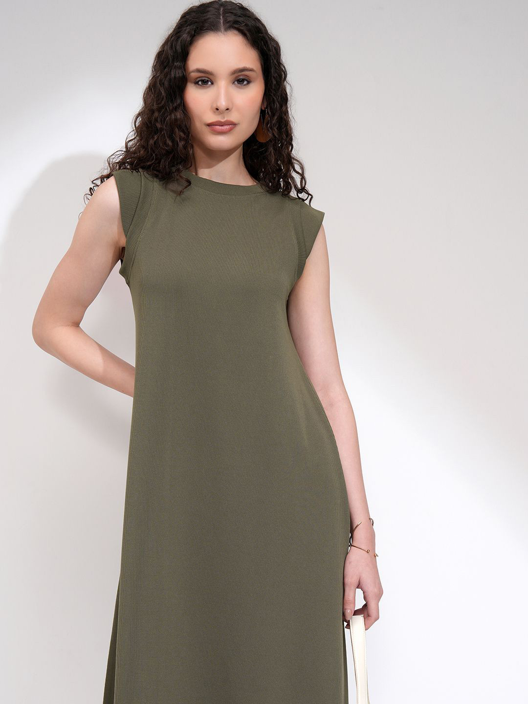 

Basics By Tokyo Talkies Women Solid Fit and Flare Midi Dress, Olive