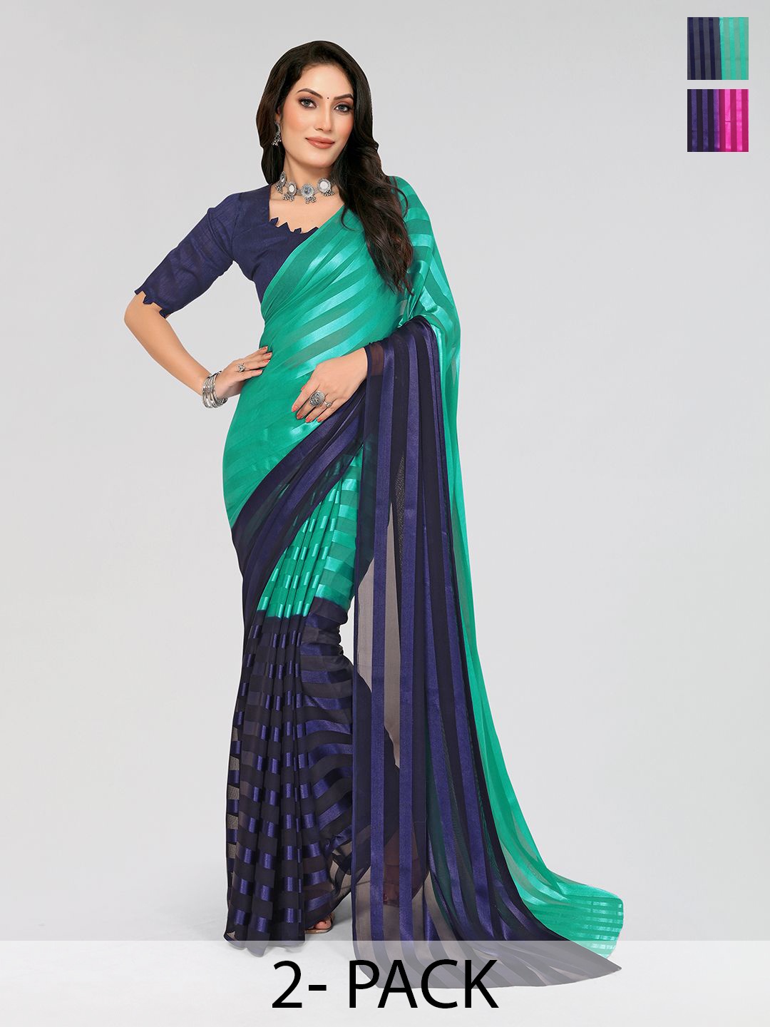 

Moda Rapido Set of 2 Striped Satin Saree with Blouse Piece, Blue
