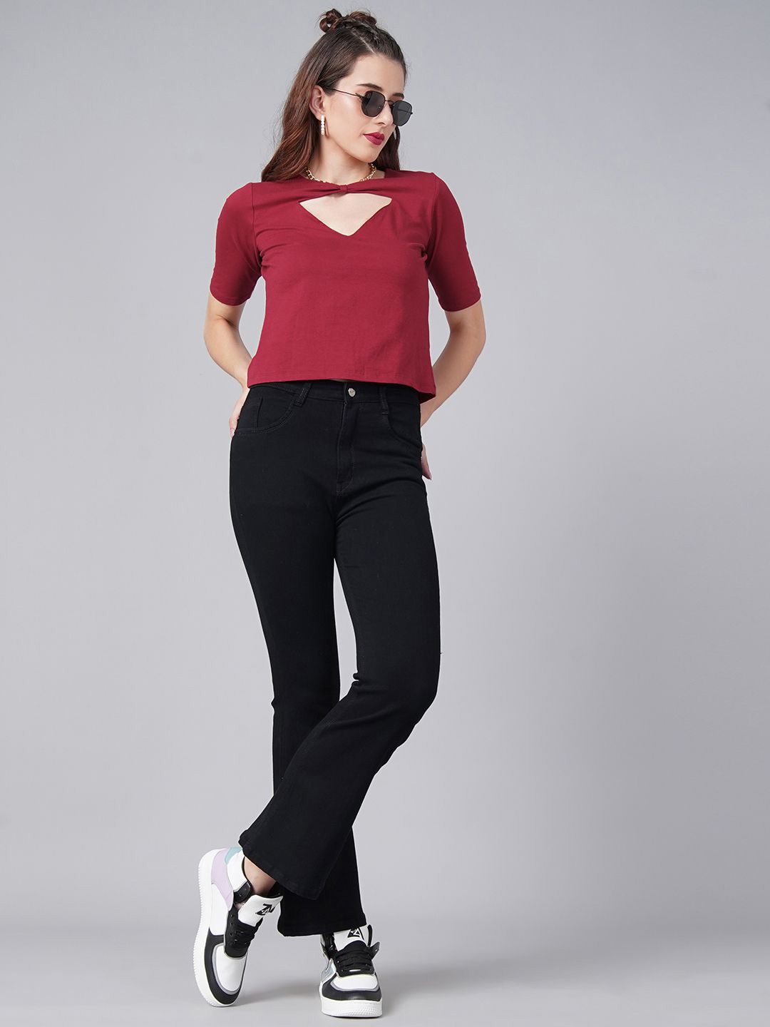 

Moda Rapido Women Round Neck Pure Cotton Top, Maroon