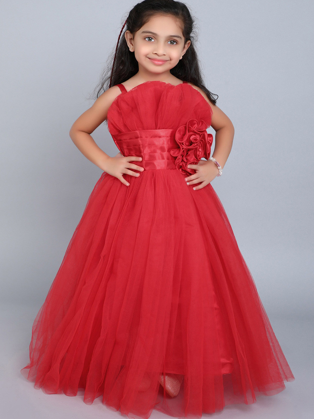 

Pink Chick Ruffled Net Fit & Flare Maxi Dress, Red