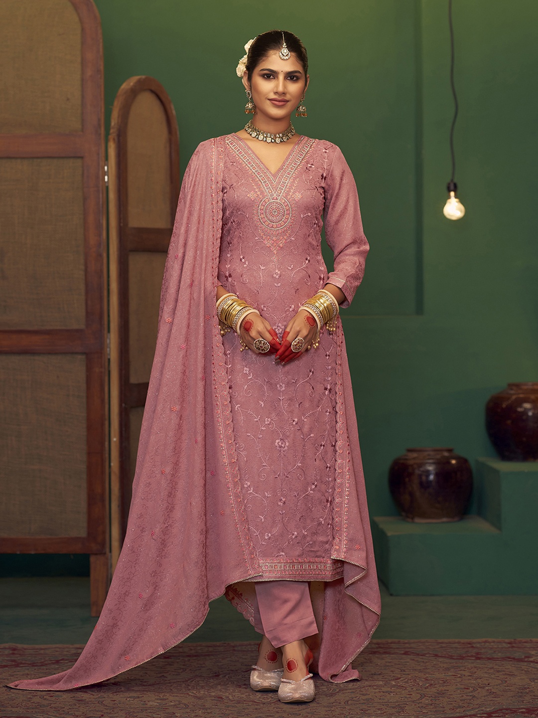 

Anouk Pink Floral Embroidered Thread Work Unstitched Dress Material