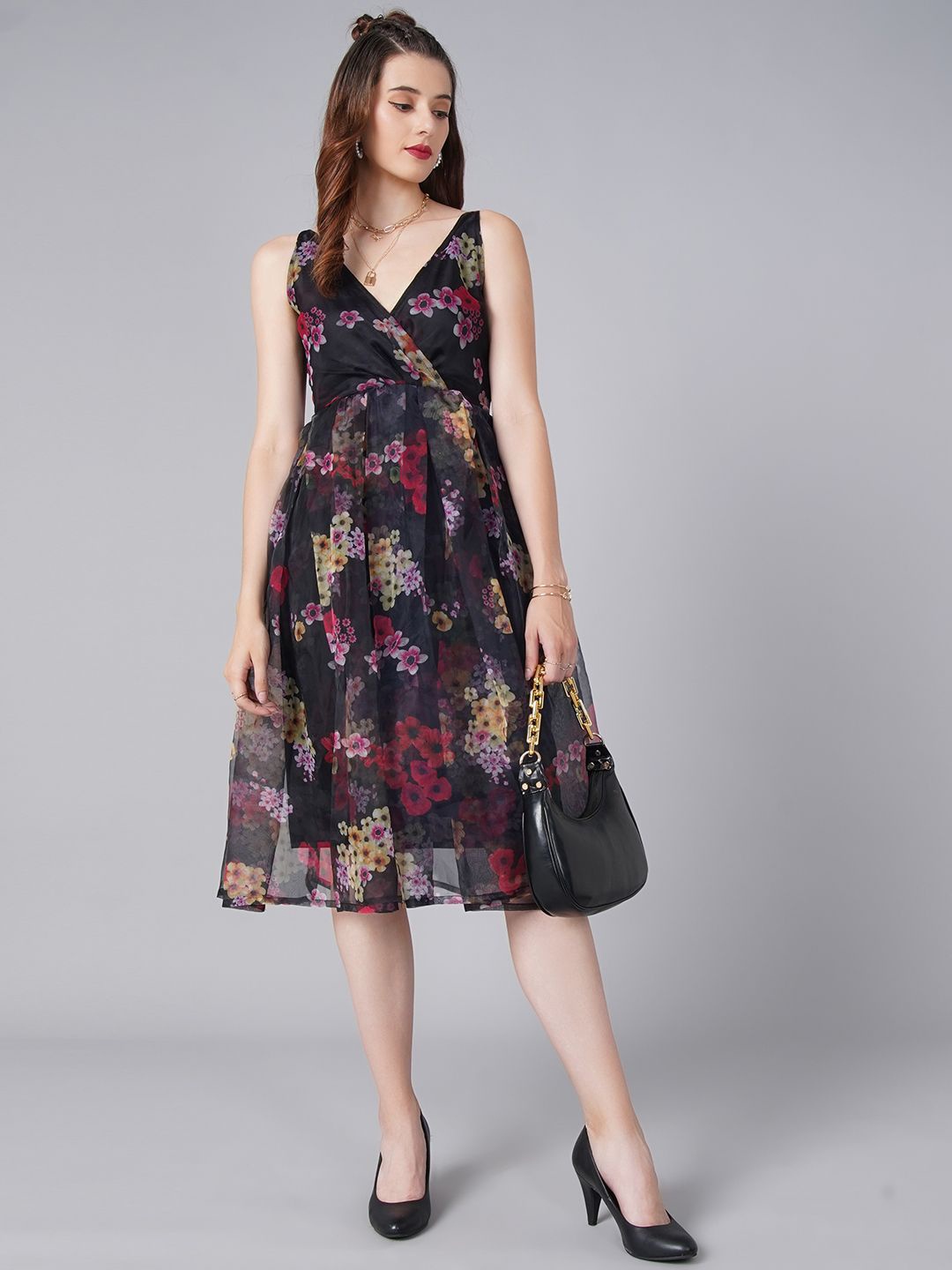 

Moda Rapido Women Floral Printed V-Neck Wrap Midi Dress, Black