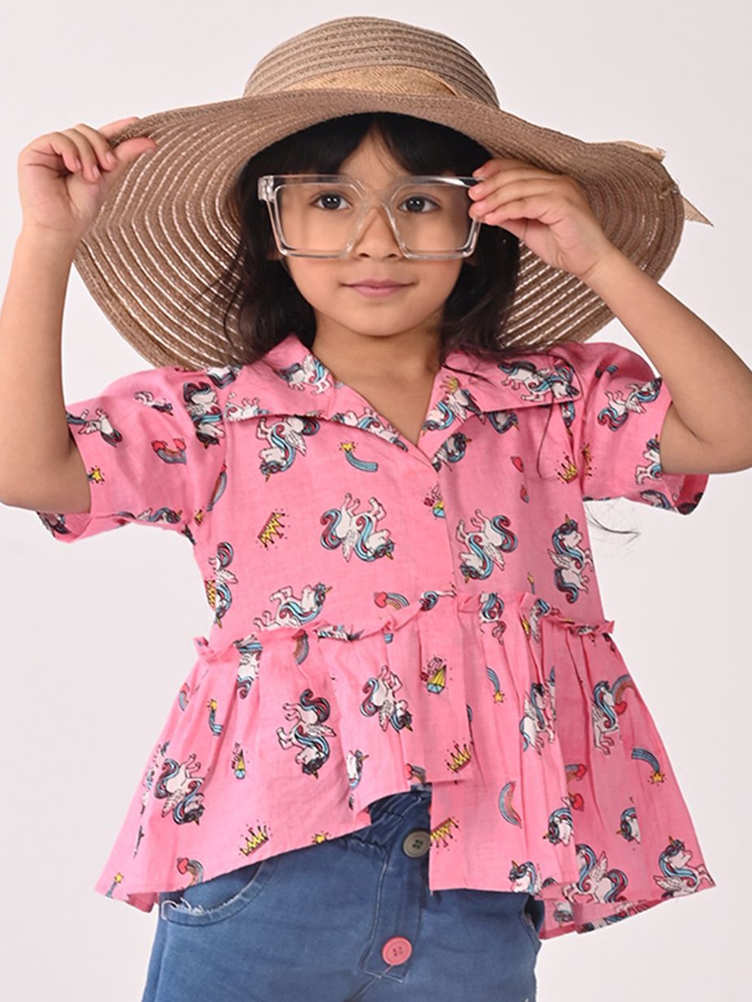 

Sangria Girls Unicorn Printed Pure Cotton Asymmetric Hem Shirt Collared Top, Pink