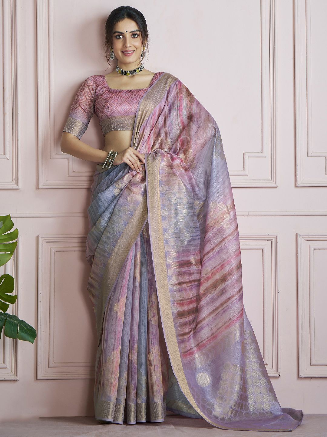 

LeeliPeeri Designer Polka Dot Zari Khadi Saree With Unstitched Blouse Piece, Purple