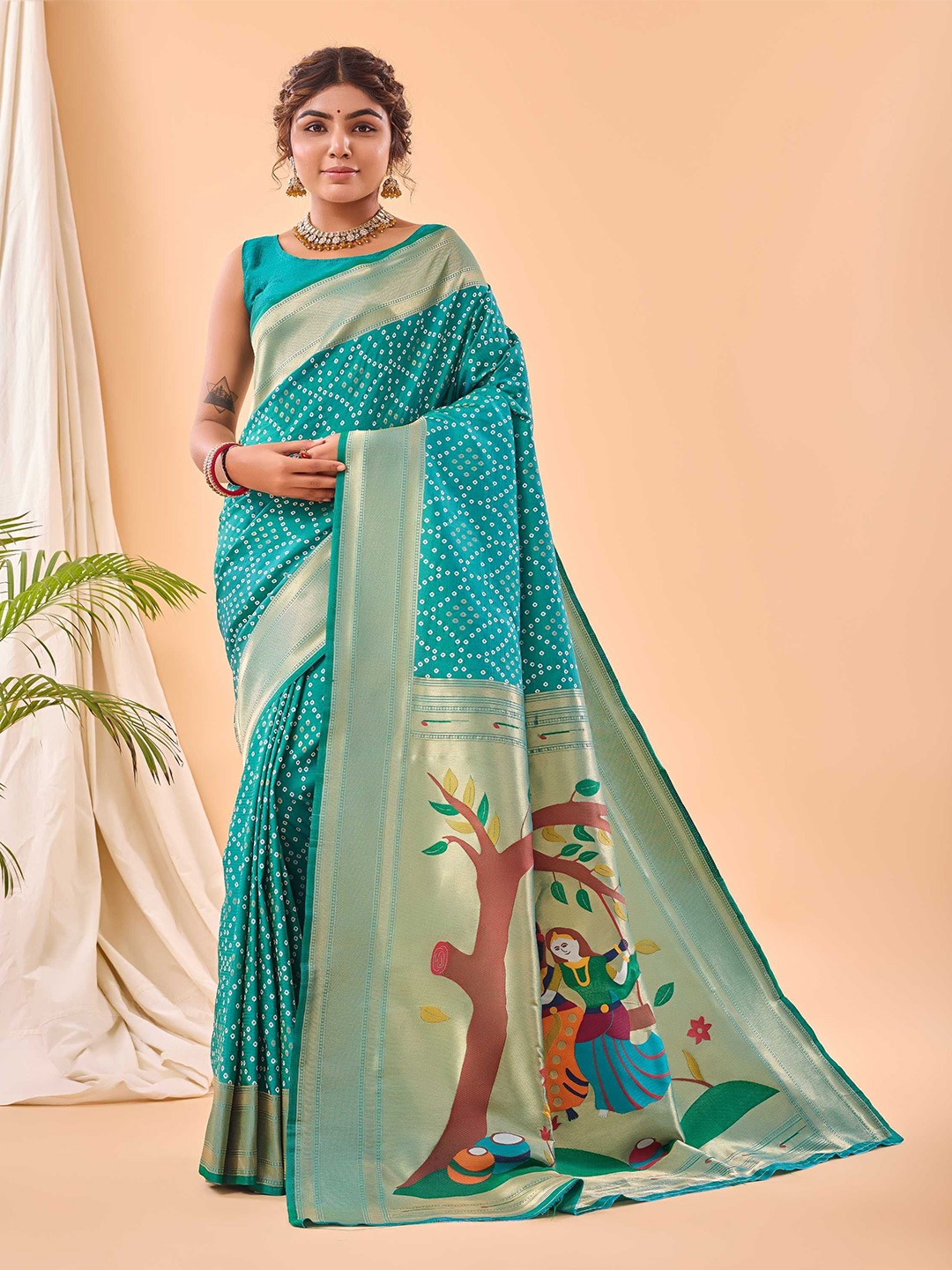 

DIVASTRI Woven Design Zari Silk Blend Paithani Saree, Teal