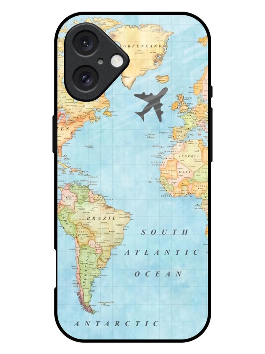 

QRIOH Travel Map Printed iPhone 16 Plus Back Case, Blue