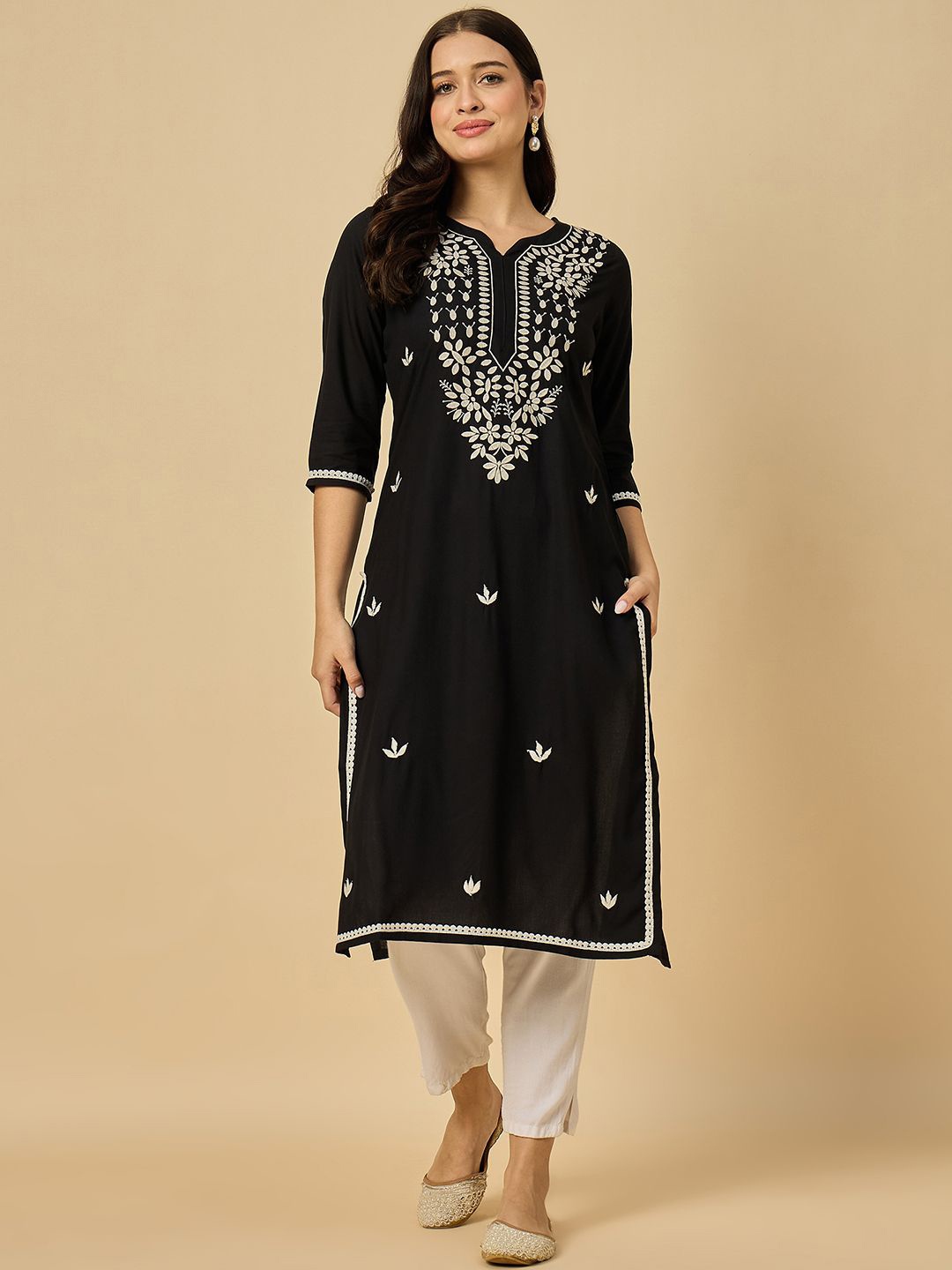 

Azira Floral Embroidered Notch Neck Kurta, Black