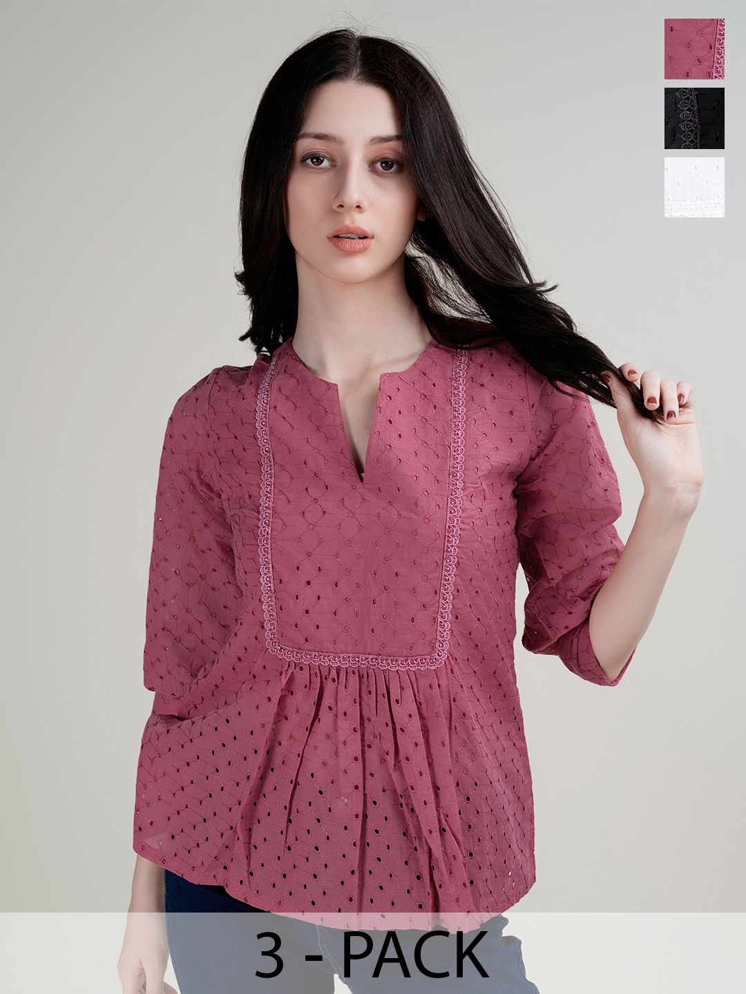 

HOUSE OF MIRA Women Pack Of 3 Cotton Schiffli Tunic top, Pink