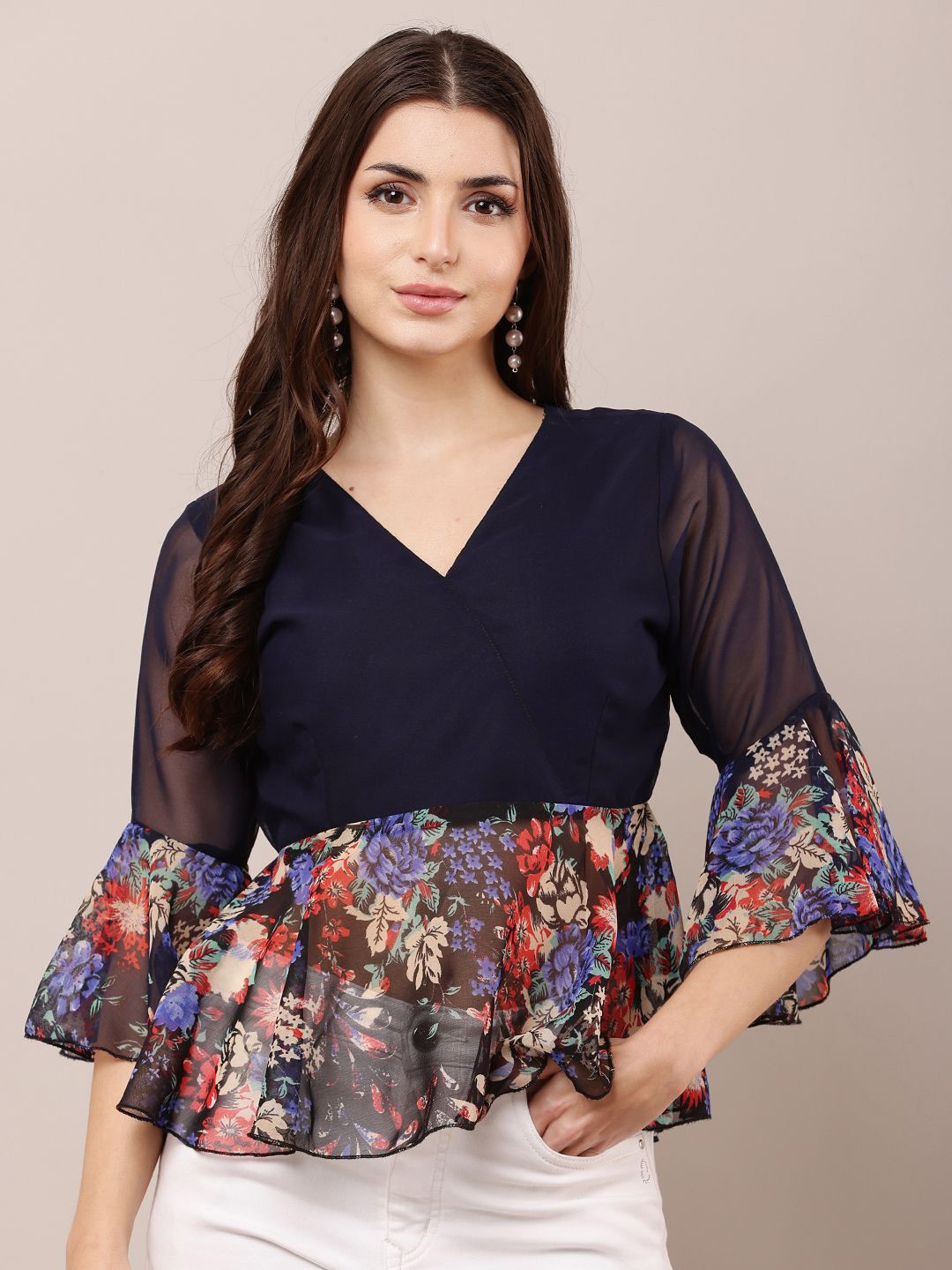 

Raabta Fashion Floral Print Bell Sleeve Georgette Top, Black