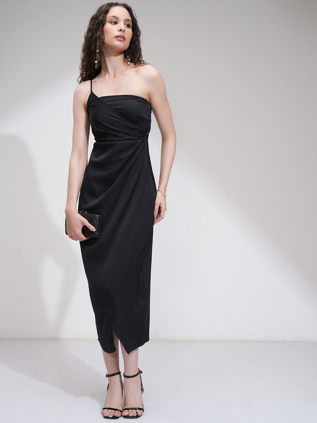 

ESPYR By Tokyo Talkies Women Satin One Shoulder Dress, Black