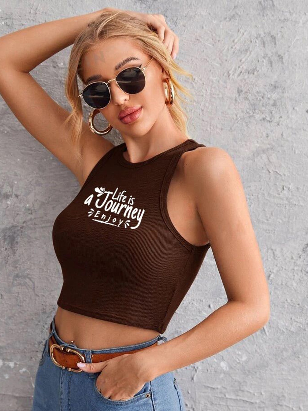 

TABADTOD Women Printed Fitted Crop Top, Brown