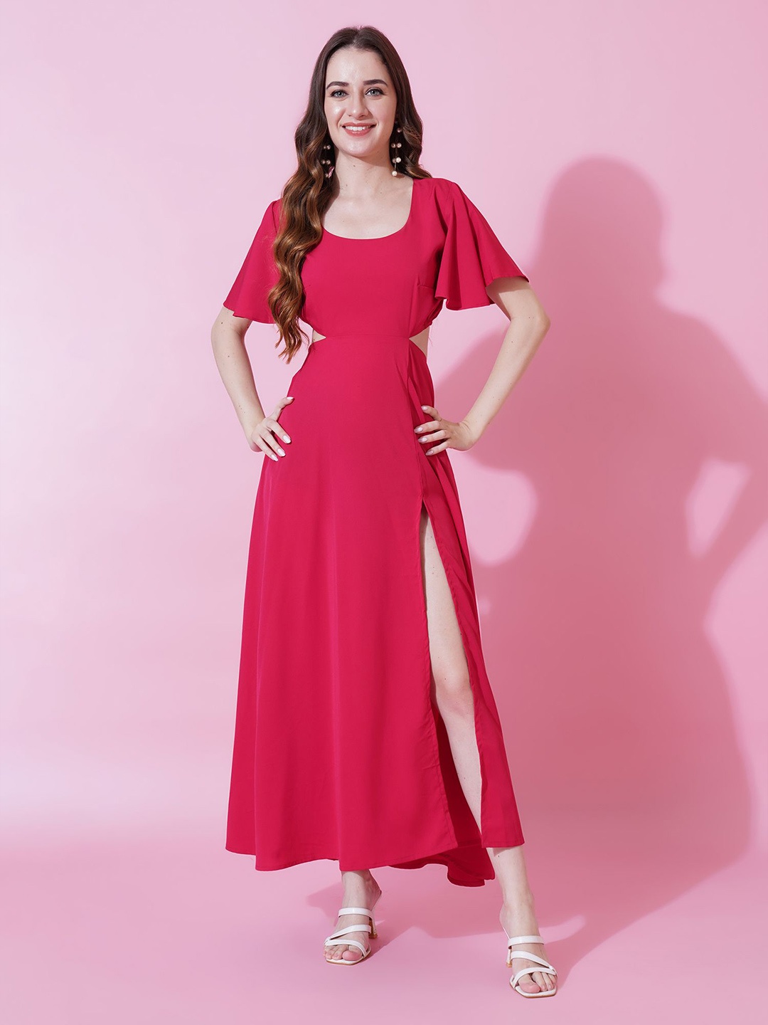 

YANAMORA Flutter Sleeve Crepe Fit & Flare Midi Dress, Pink