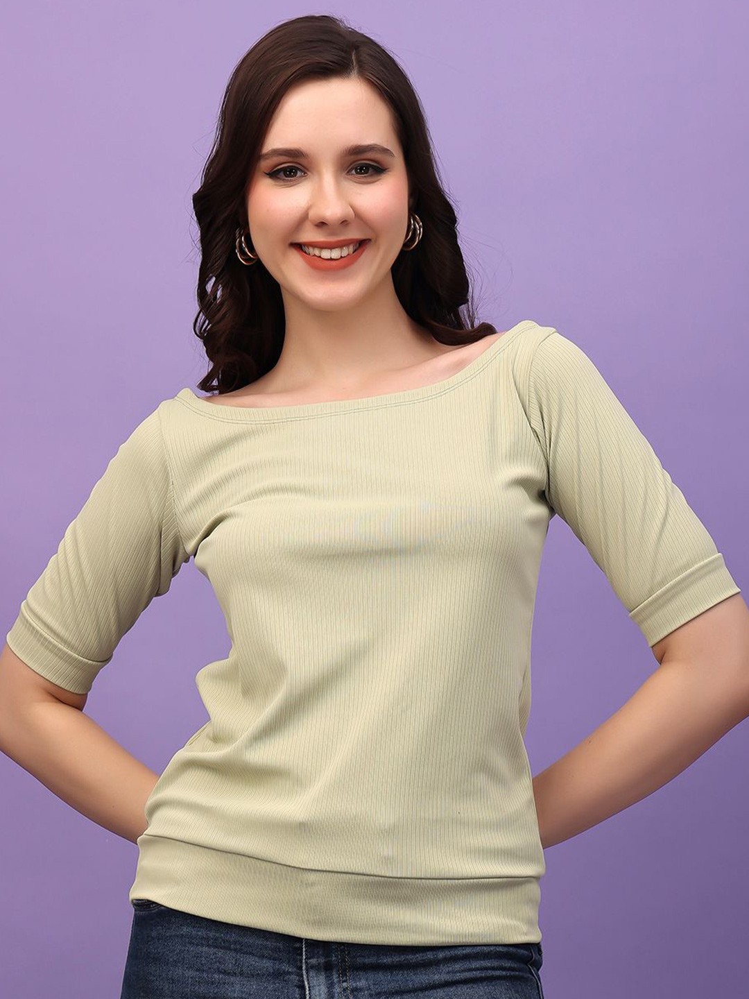 

Moda Rapido Solid Boat Neck Top, Green