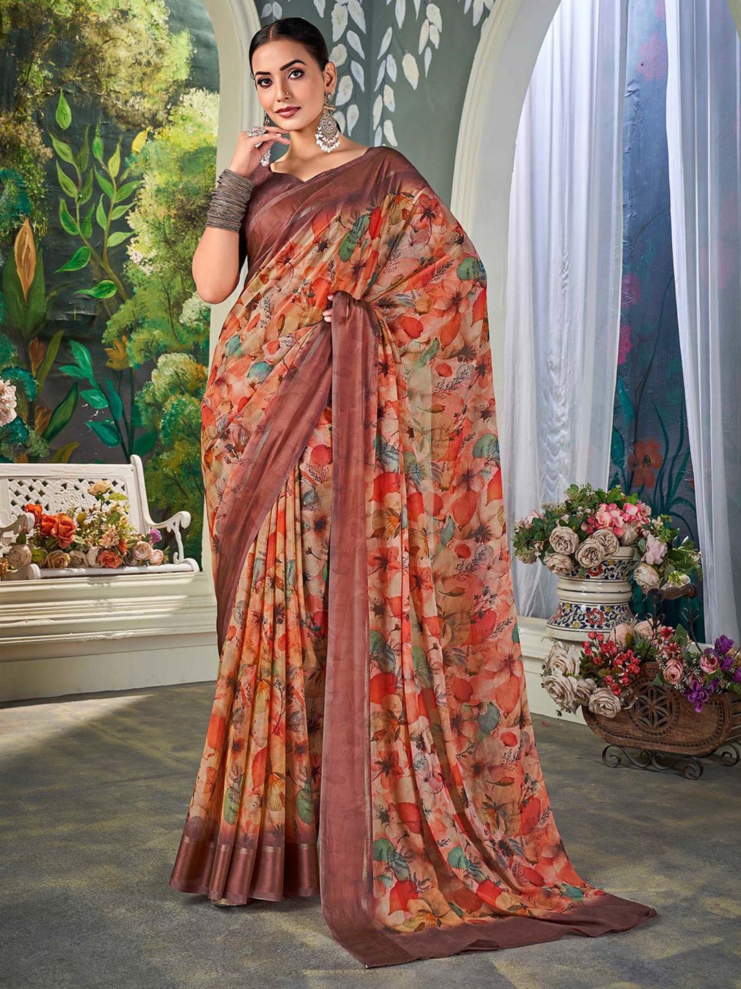 

Mitera Floral Zari Pure Chiffon Designer Muga Saree With Blouse Piece, Brown