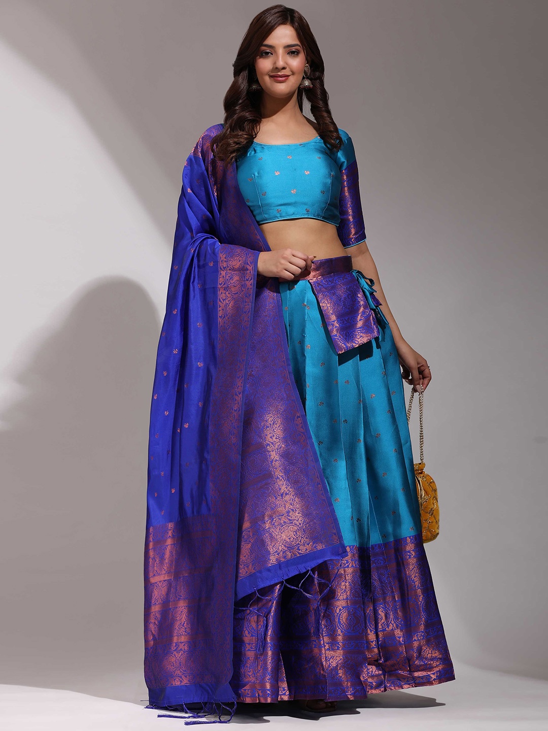 

DIVASTRI Floral Woven Design Zari Unstitched Blouse And Lehenga With Dupatta, Blue