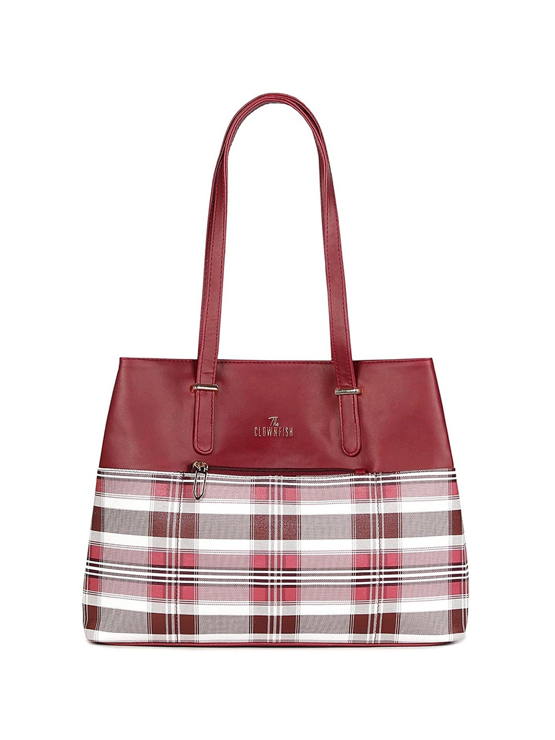 

THE CLOWNFISH Checked Leather Structured Shoulder Bag with Quilted, Maroon