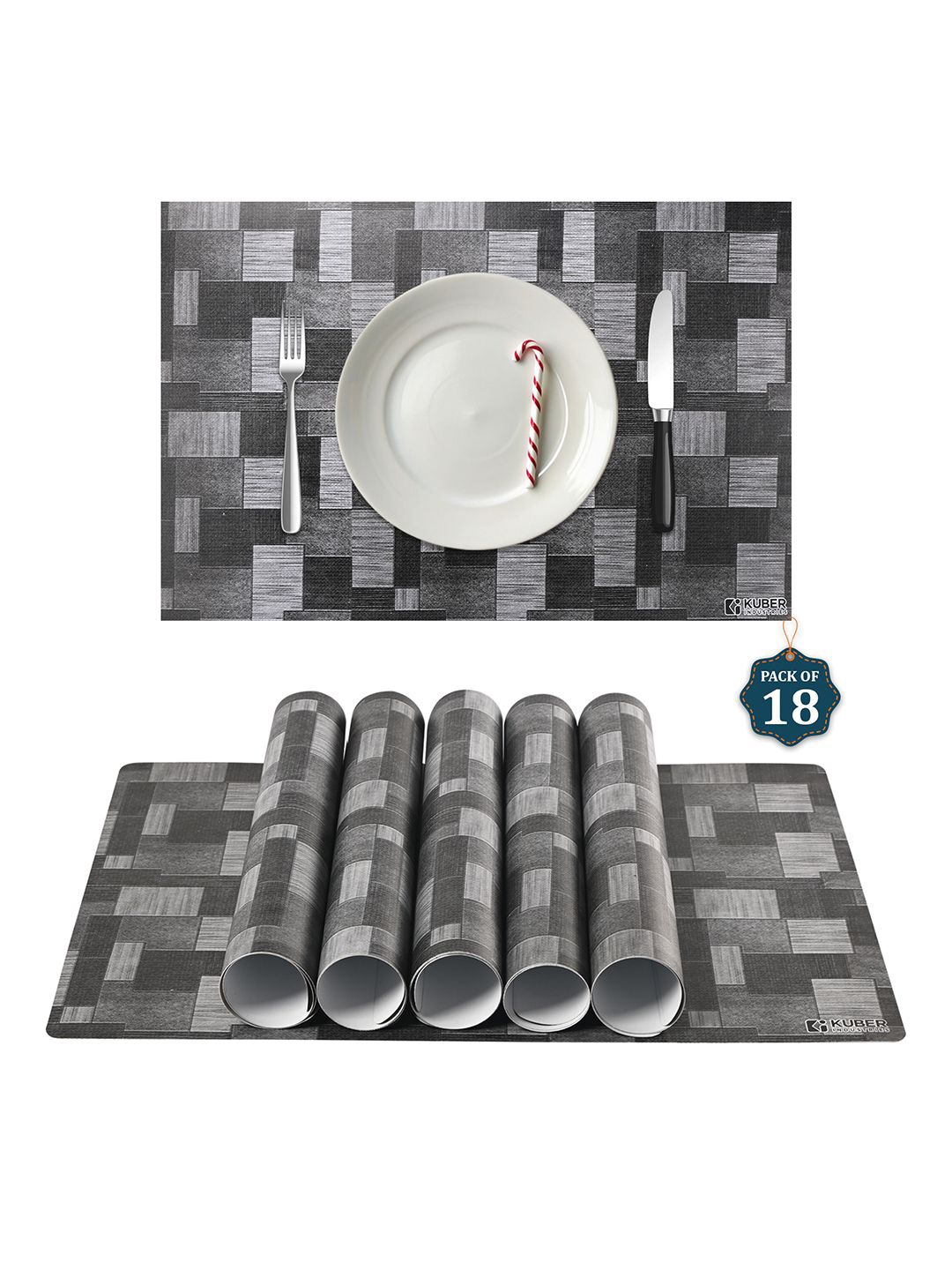 

Kuber Industries Grey & Black 18 Pieces Geometric Printed Waterproof Table Placemats