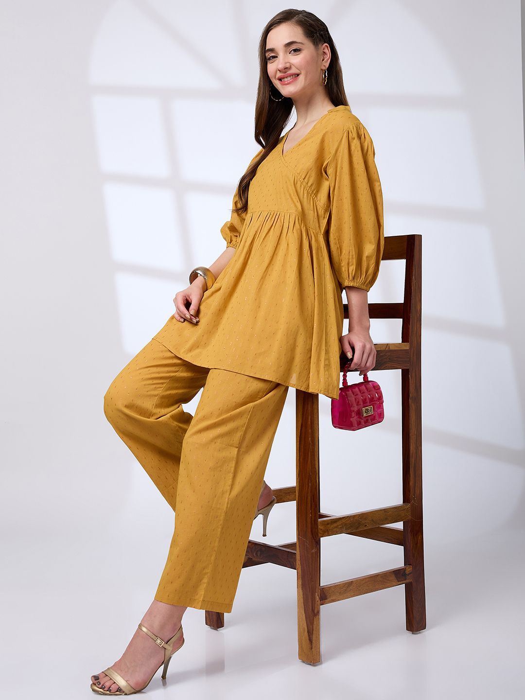 

Globus V-Neck Bishop Sleeves Lurex Detail Tunic With Straight Pants Workwear Co-Ords Set, Yellow