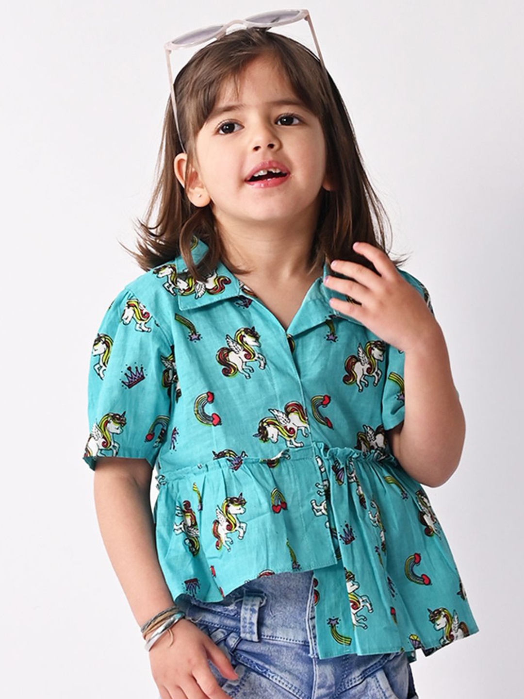 

Sangria Girls Unicorn Printed Pure Cotton High Low Peplum Top, Blue