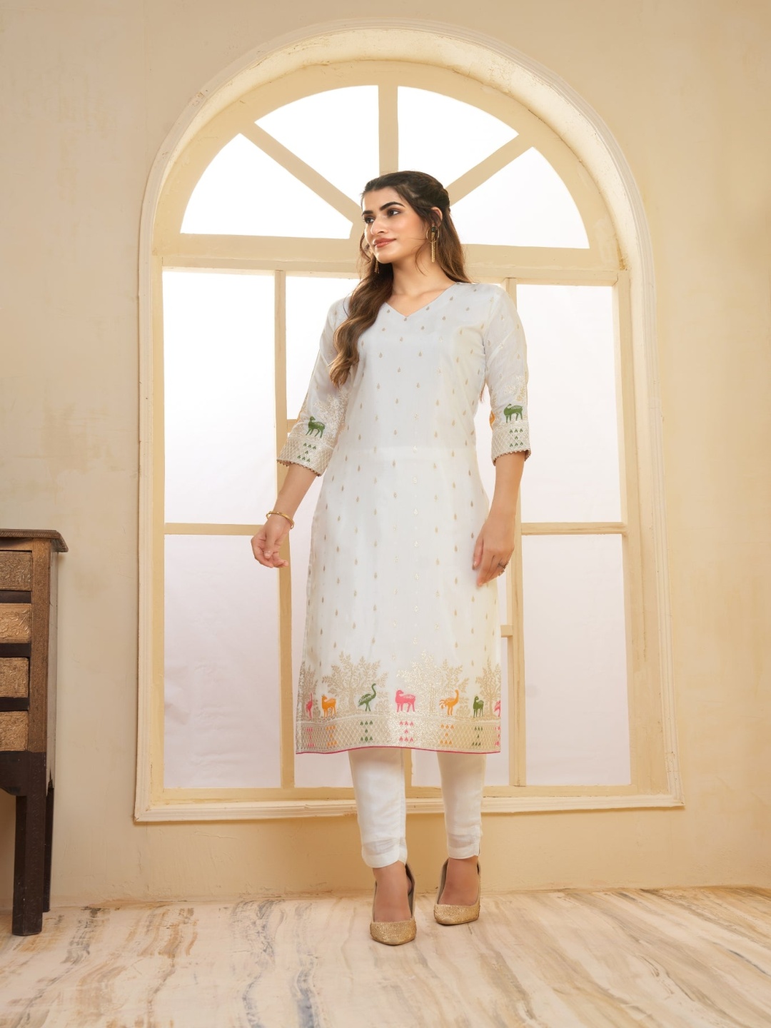 

ZIBLON Women Ethnic Motifs Embroidered Regular Chanderi Cotton Kurti with Trousers & With Dupatta, White