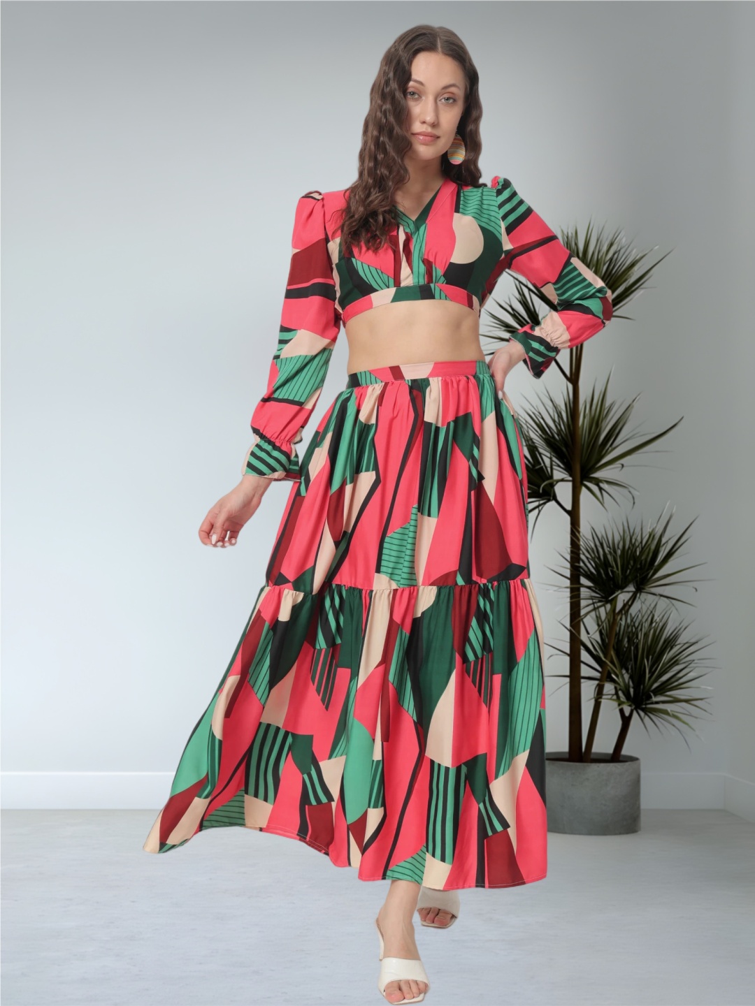 

ZWERLON Printed V-Neck Linen Top With Skirt, Red