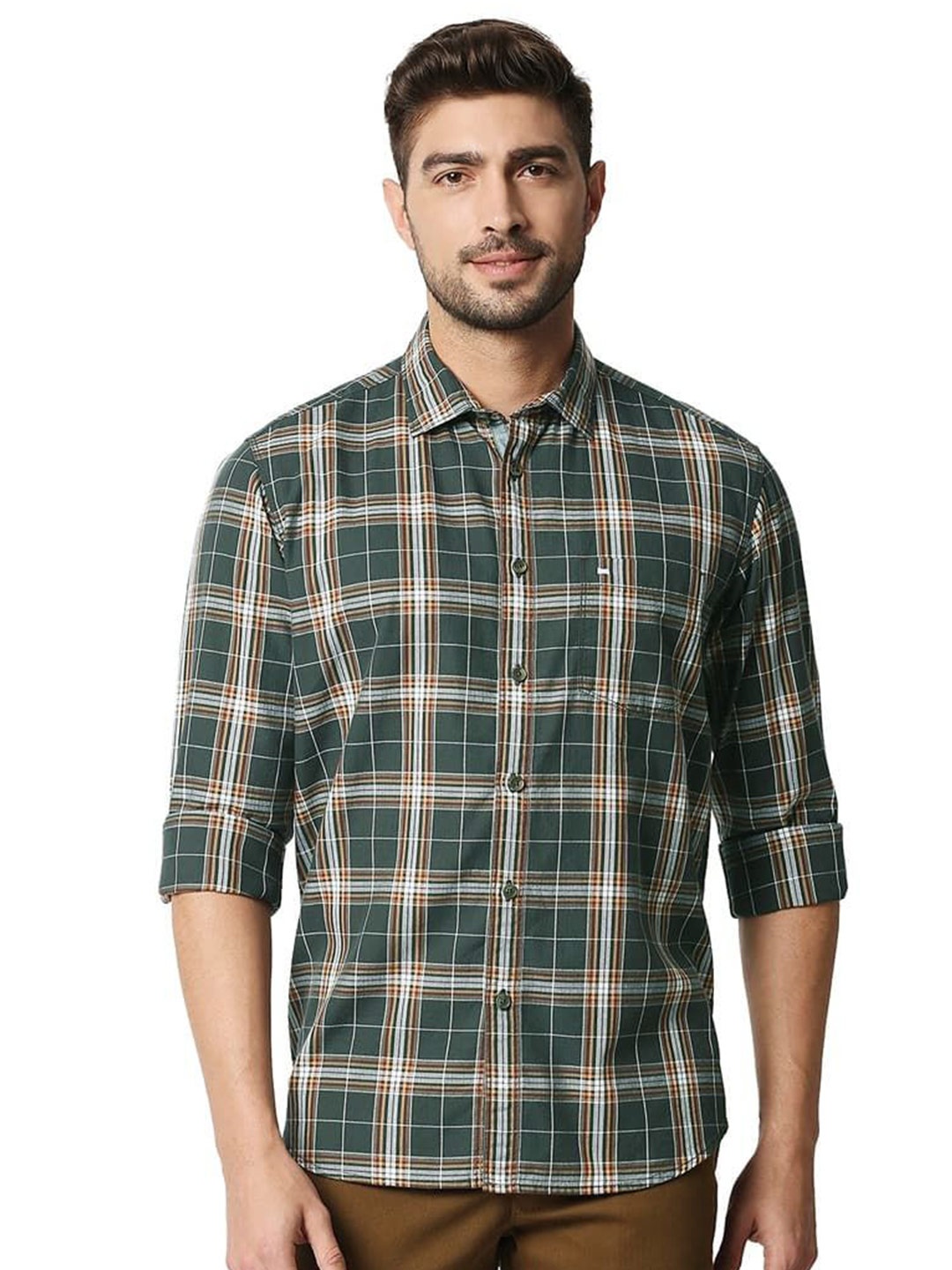 

Basics Men Relaxed Fit Spread Collar Tartan Checked Cotton Casual Shirt, Olive
