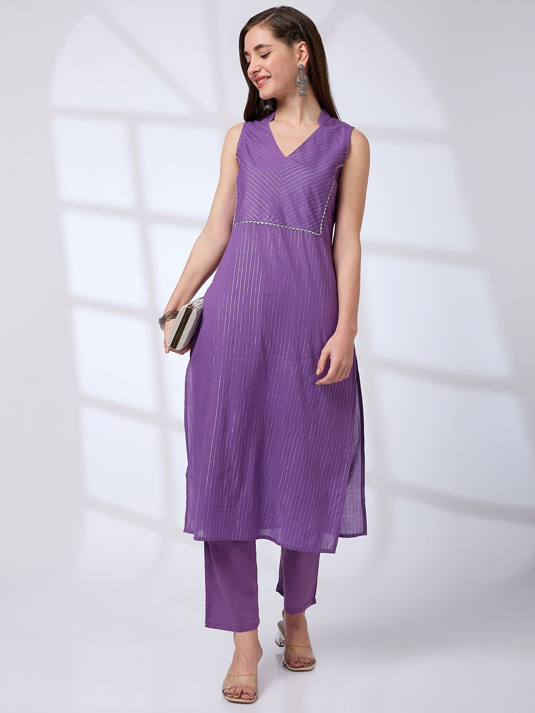 

Globus Collared V-Neck Shimmer Woven Design Gotta Lace A-Line Kurta With Pants Festive Set, Lavender