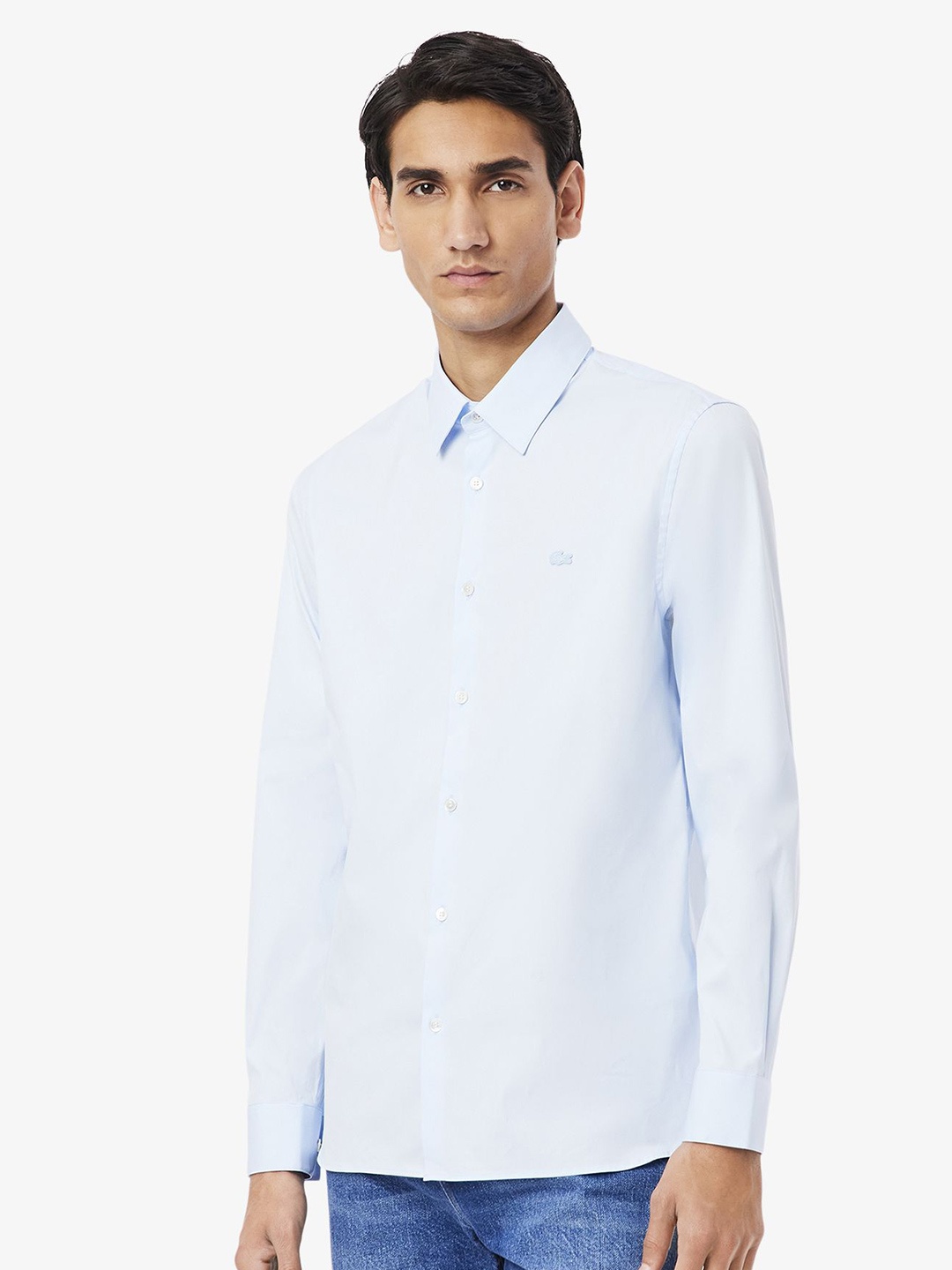 

Lacoste Men Slim Fit Spread Collar Solid Cotton Casual Shirt, Blue