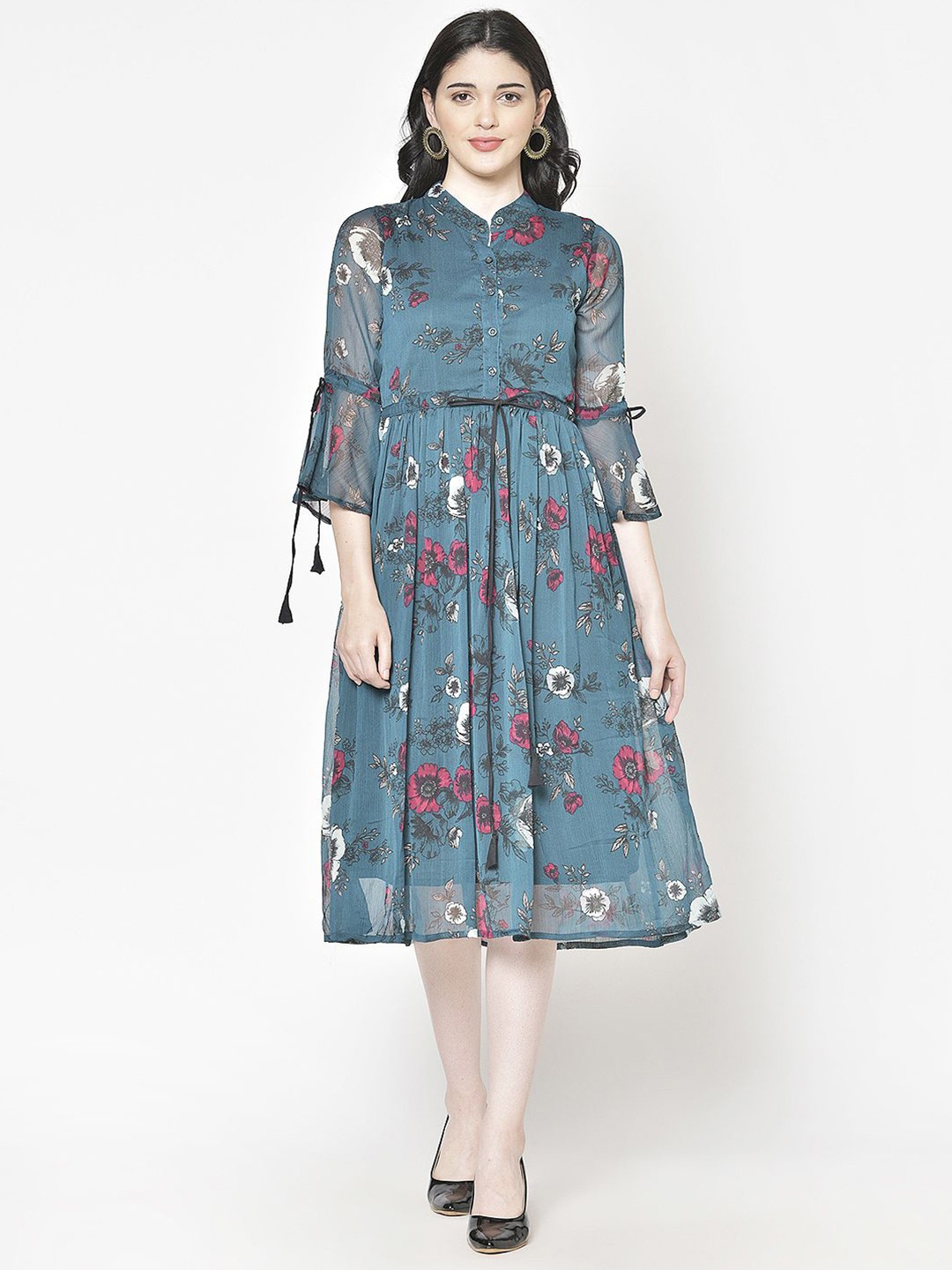 

Moda Rapido Women Floral Printed Bell Sleeve Fit & Flare Dress, Teal