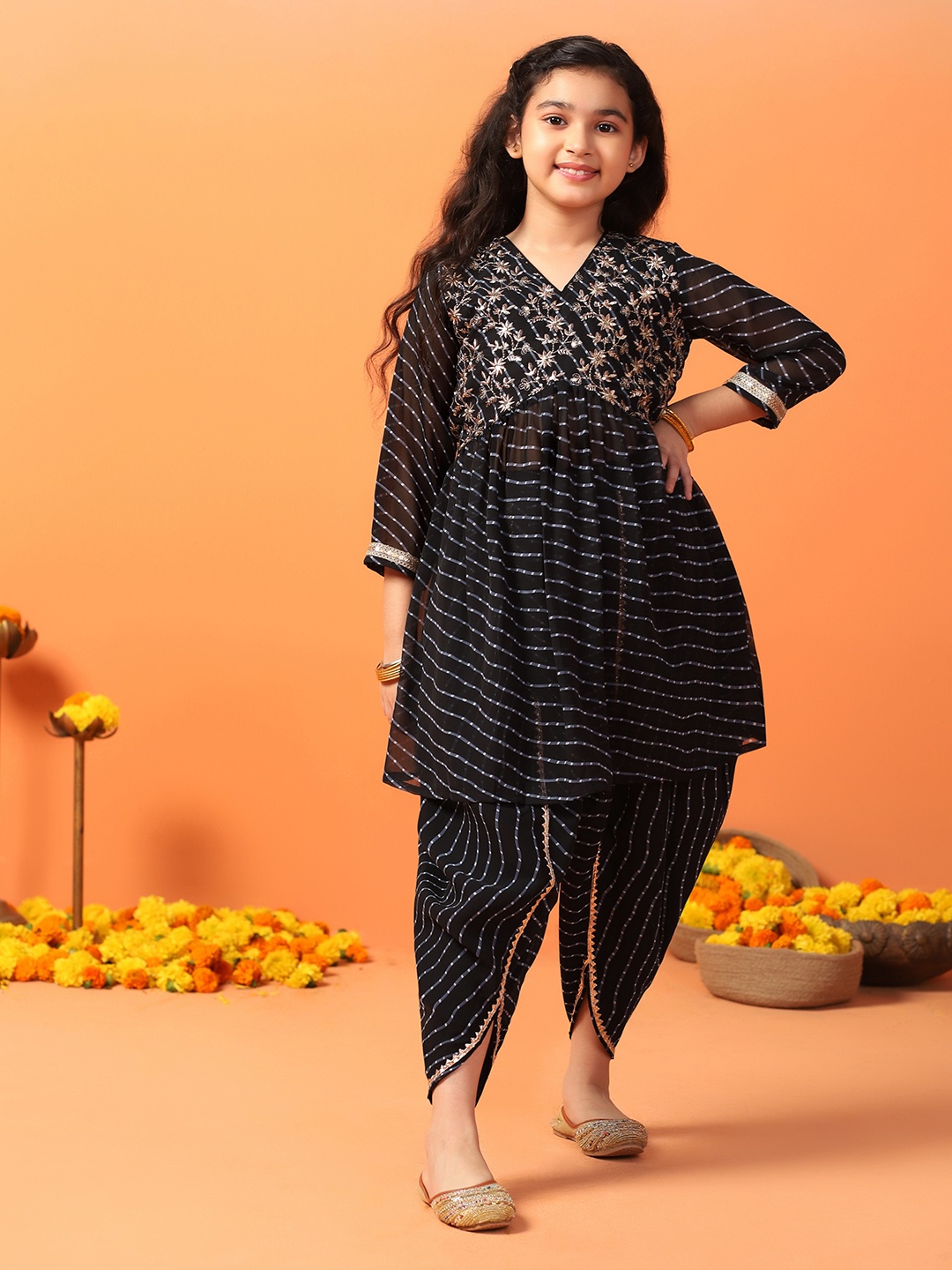 

Sangria Girls Black Leheriya Printed Sequinned A-Line Georgette Kurta With Dhoti Pants