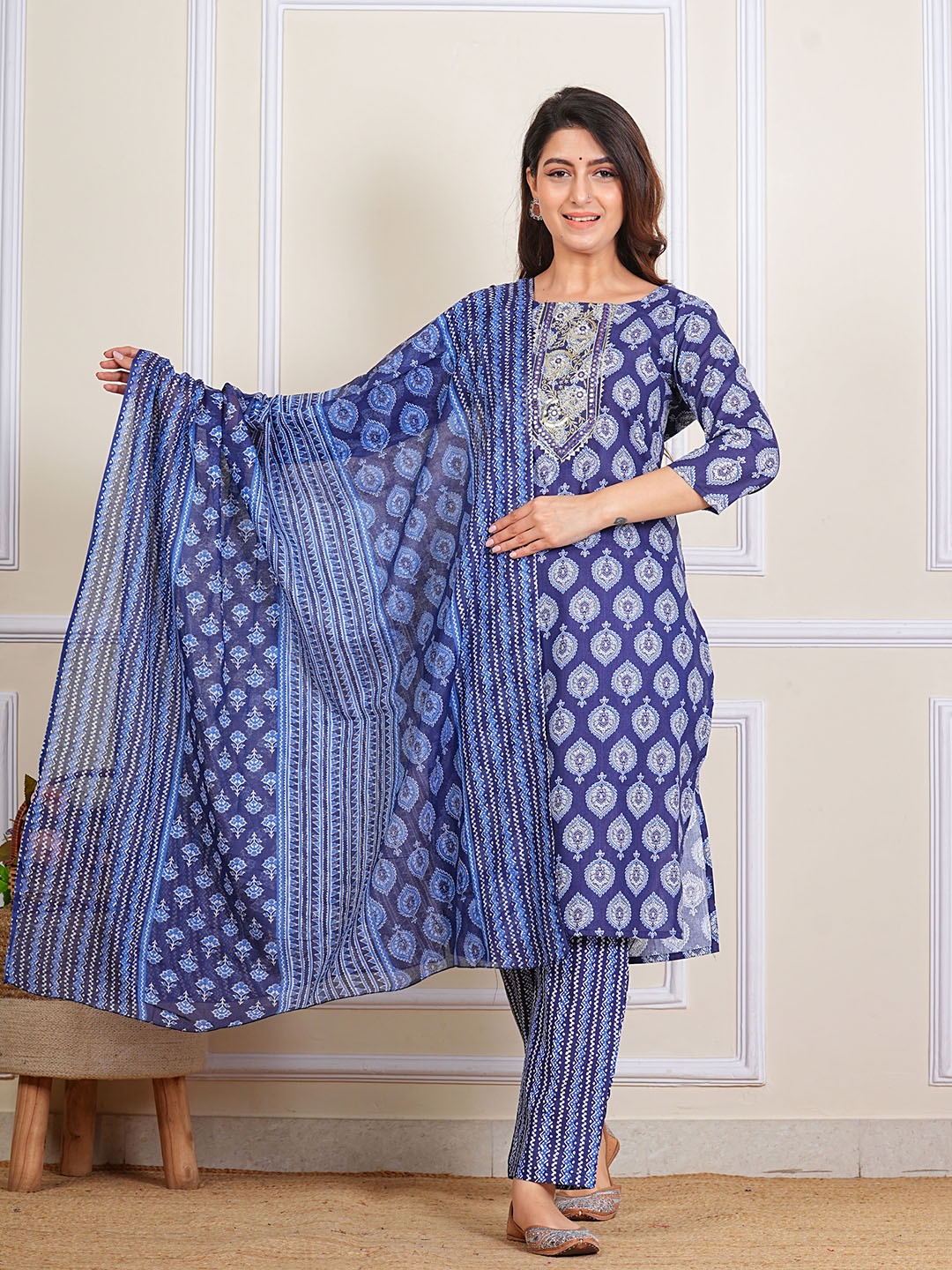 

Ayan Floral Printed Mirror Work Pure Cotton Straight Kurta With Trousers & Dupatta, Blue