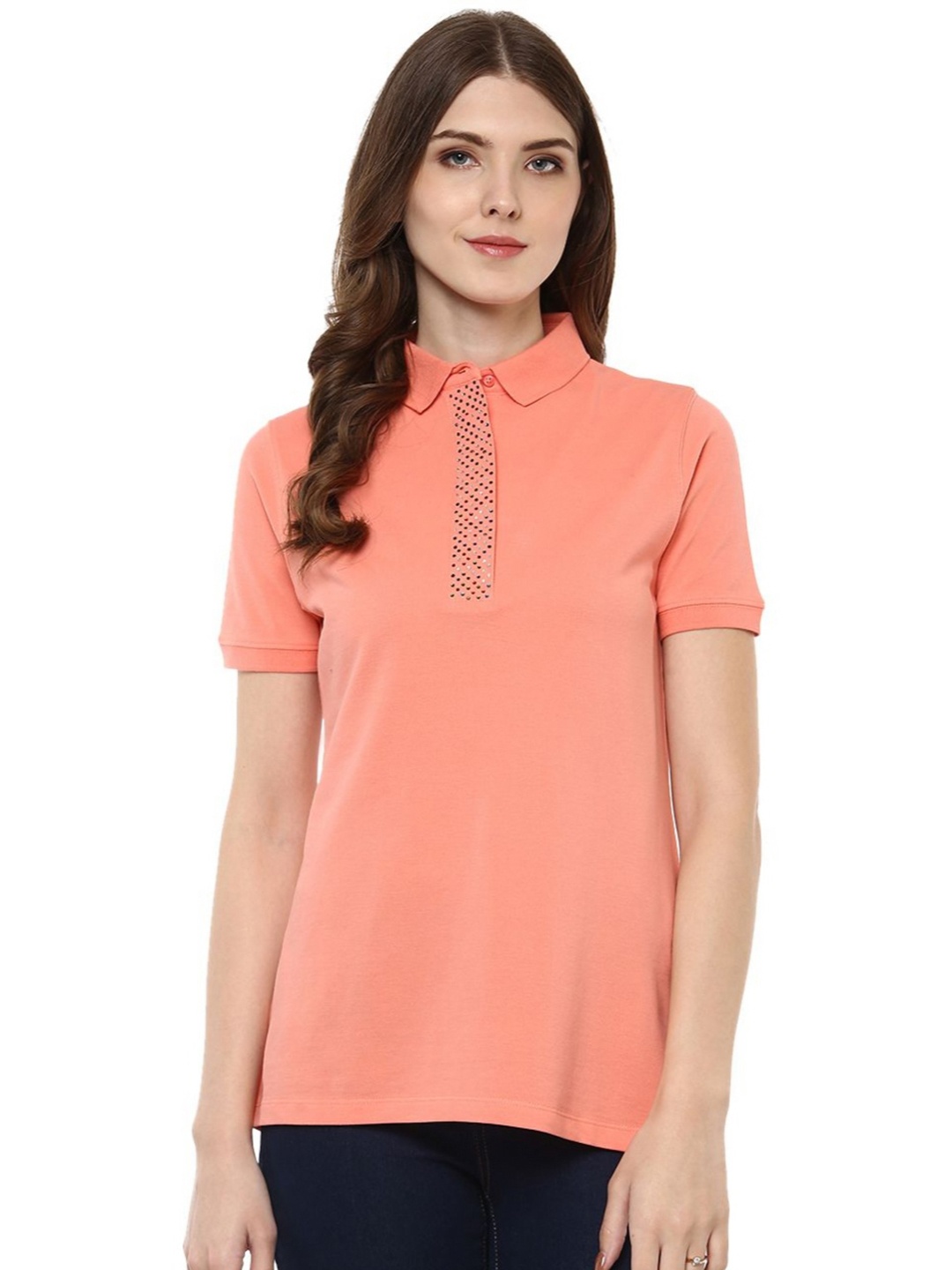 

Moda Elementi Women Solid Polo Collar Cotton T-shirt, Peach