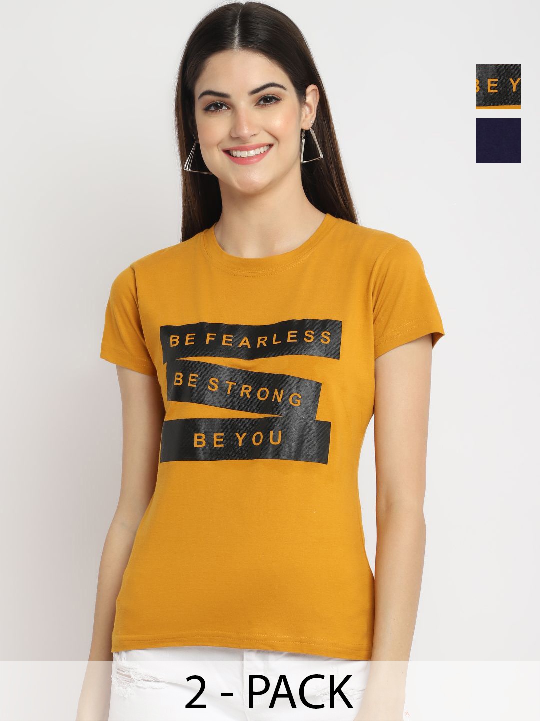 

Dreambe Women Pack Of 2 Typography Printed Round Neck Cotton T-shirts, Mustard