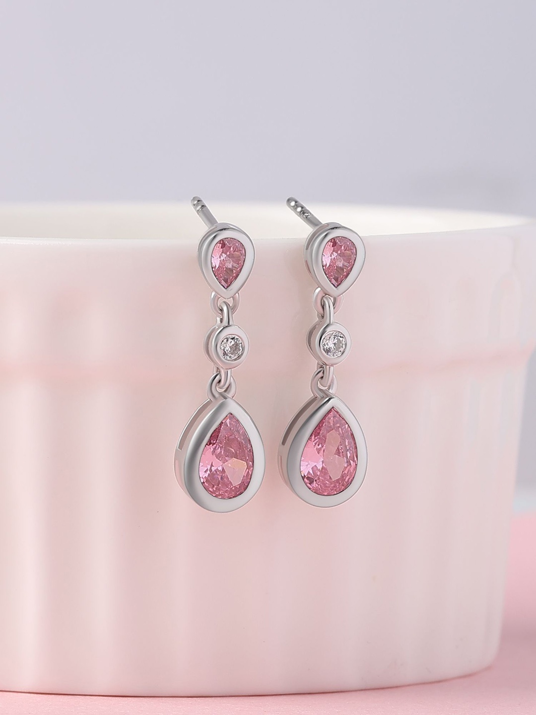 

Ornate Jewels 925 Silver Rhodium-Plated AD Studded Teardrop Shaped Drop Earring, Pink